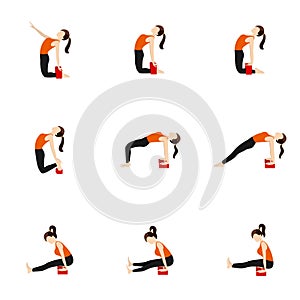 Spine extension and balance yoga asanas set with blocks