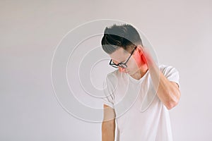 Spine osteoporosis. Scoliosis. Spinal cord problems on man`s neck . man suffering from pain isolated on white background