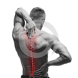 Spine pain, man with backache and ache in the neck, black and white photo with red backbone