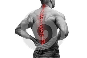 Spine pain, man with backache and ache in the neck, black and white photo with red backbone