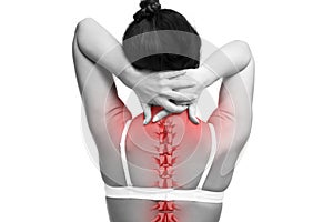 Spine pain, woman with backache and ache in the neck, black and white photo with red backbone