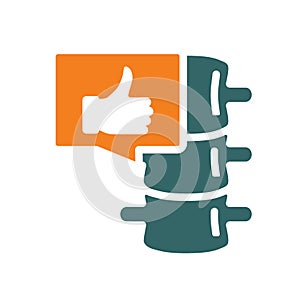 Spine with thumb up in chat bubble colored icon. Healthy vertebral column symbol