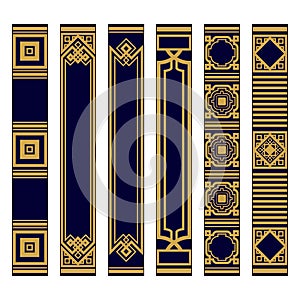 Spines of books pattern set. Bookbinding template design. Samples roots of book or bookmarks. Luxury gold and blue ornament.