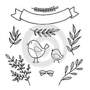 Sping set with birds, branches, twigs with leaves, ribbon. Hand drawn line vector