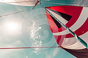 Spinnaker with uphaul, blue sky in background.