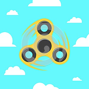 Spinner in a flat style. The yellow spinner turns against the blue sky. Flat, white clouds. A modern antistress toy for recreation