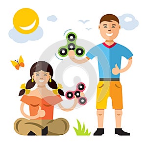 Spinner and teens. Vector Flat style colorful Cartoon illustration.