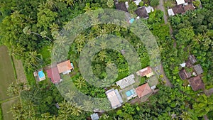 spinning aerial shot of secluded houses in dense jungle