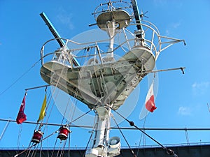 Spinning antenna radar on the ship. Communication on the ship