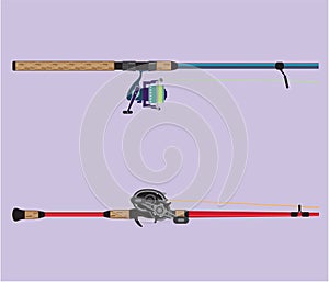 Spinning and baitcasting rods with reels handles vector illustration photo