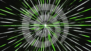 Spinning beautiful white and green glowing laser beams around the source of light. Animation. Outer space black hole