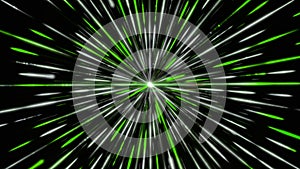 Spinning beautiful white and green glowing laser beams around the source of light. Animation. Outer space black hole
