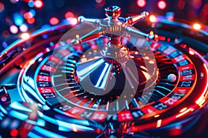 Spinning casino roulette wheel with motion blur and vibrant neon lights in close-up view