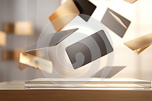 Spinning Credit Cards Above Transparent Metallic Surface with Modern Lighting Effects