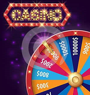 Spinning fortune wheel, Internet casino banner with glowing lamps for online casino, poker, roulette, slot machines