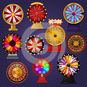 Spinning fortune wheel lucky roulette casino gamble lottery play winner chance spin slot machine vector illustration.