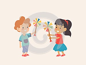 Spinning Magic - Illustration of Kids Playing with Pinwheels