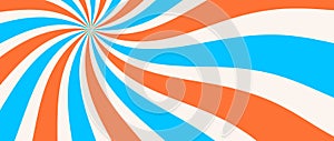 Spinning radial lines background. Orange blue curved sunburst wallpaper. Abstract warped sun rays and beams comic