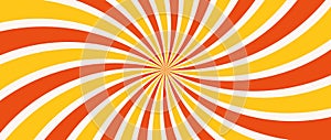 Spinning radial lines background. Orange red curved sunburst wallpaper. Abstract warped sun rays and beams comic texture