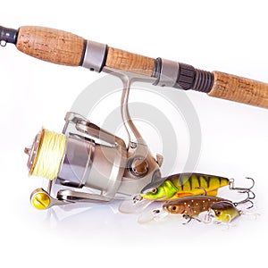 Spinning rod and reel with wobbler lure