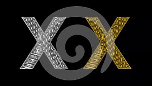 Spinning silver and golden 3d English alphabet X on plain black background