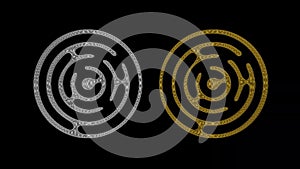 Spinning silver and golden 3d spiral puzzle shapes on plain black background