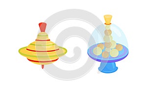 Spinning Top as Squat Toy with Sharp Point at the Bottom Vector Set