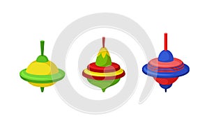 Spinning Top as Squat Toy with Sharp Point at the Bottom Vector Set