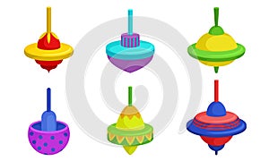 Spinning Top Vector Set. Colorful Childish Pegtop Collection