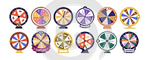 Spinning wheel, casino luck game. Fortune circles, round lucky roulettes set. Lottery fortuna rotation machines for