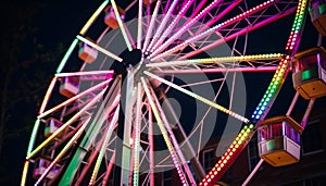 Spinning wheel of joy, vibrant colors illuminate night generated by AI
