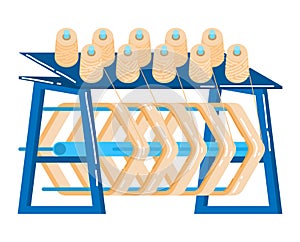 Spinning yarn machine with multiple spools of thread, textile manufacturing equipment. Industrial theme, manufacturing