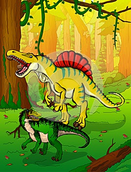 Spinosaur on the background of forest.
