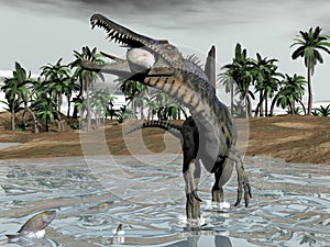 Spinosaurus dinosaur eating fish - 3D render photo