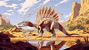 The Spinosaurus equipped with its iconic sail and sharp teeth carefully navigates the dry desert terrain in search of