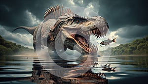 Spinosaurus Partially Submerged in a River, Snapping at Fish with Its Powerful Jaws in Action photo