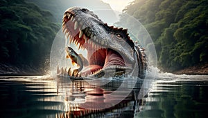 Spinosaurus Partially Submerged in a River, Snapping at Fish with Its Powerful Jaws in Action photo