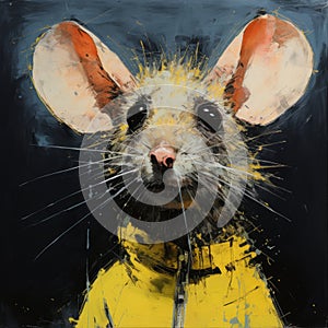 Angry Mouse In Yellow Jacket: Dark Composition Oil Painting photo