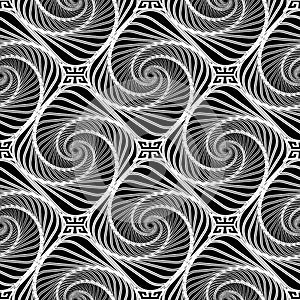 Spiral abstract black and white vector seamless pattern.