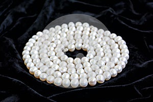 Spiral arranged natural pearl necklace on a black velvet