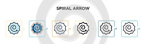 Spiral arrow vector icon in 6 different modern styles. Black, two colored spiral arrow icons designed in filled, outline, line and