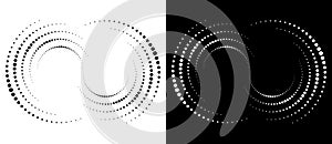 Spiral as halftone dotted abstract infinity symbol. Black shape on a white background and the same white shape on the black side