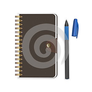 Spiral binding notebook or notepad and pen isolated on white background, Closed Sketchbook or diary. Vector EPS 10 illustration