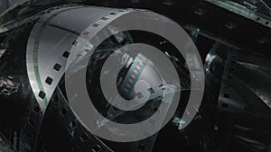 Spiral black vintage filmstrip or photo negative. Analog old strips of black and white film for a photo or video camera