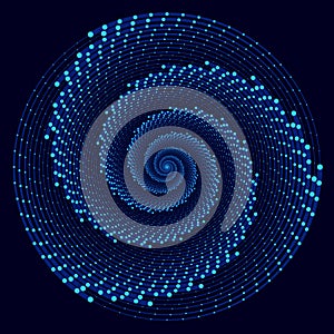 Spiral blue lines with dots as dynamic abstract vector background or logo or icon. Yin and Yang symbol. Hypnotic illustration on