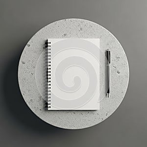 Spiral-bound notebook and a black pen rest on a round, concrete-textured