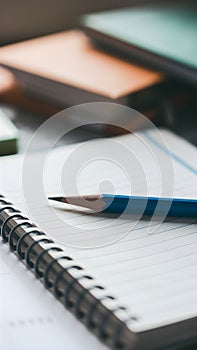 Spiral bound notebook with blue pencil, blurred background suggests books or folders photo