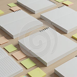 Spiral-bound notebooks with blank white pages are neatly arranged on a wooden photo