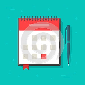 Spiral calendar agenda with pen top view vector flat cartoon illustration isolated image