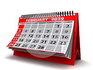 Spiral Calendar February 2019. February 2019 Calendar in white background. 3D Illustration